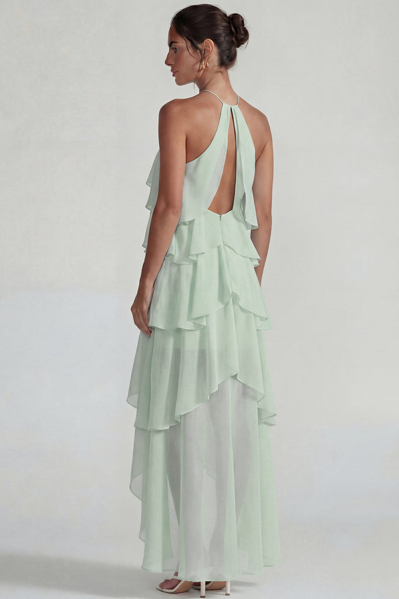 Laden Sie das Bild in den Galerie-Viewer, Blaues Rüschen Chiffon Neckholder Gestuftes A-Linie Midi Kleid