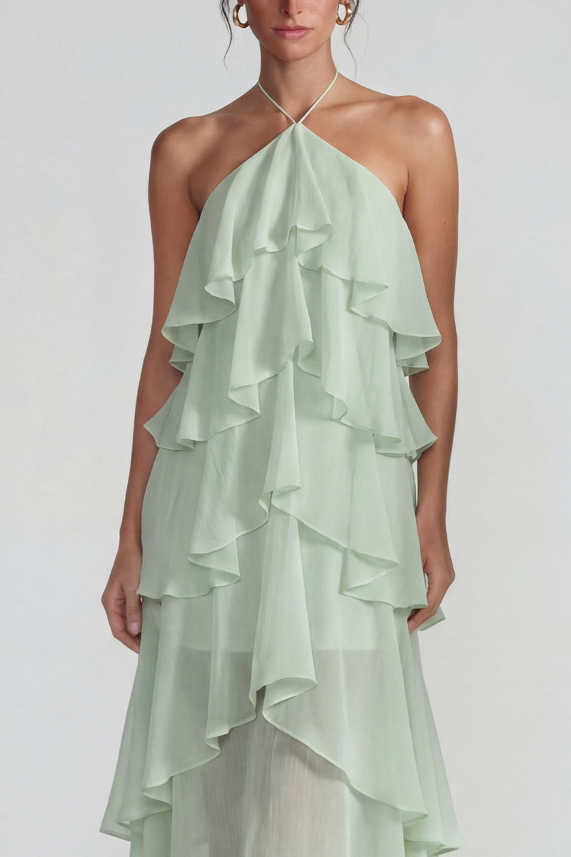 Laden Sie das Bild in den Galerie-Viewer, Blaues Rüschen Chiffon Neckholder Gestuftes A-Linie Midi Kleid