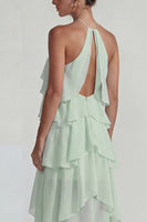 Laden Sie das Bild in den Galerie-Viewer, Blaues Rüschen Chiffon Neckholder Gestuftes A-Linie Midi Kleid