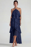 Laden Sie das Bild in den Galerie-Viewer, Blaues Rüschen Chiffon Neckholder Gestuftes A-Linie Midi Kleid