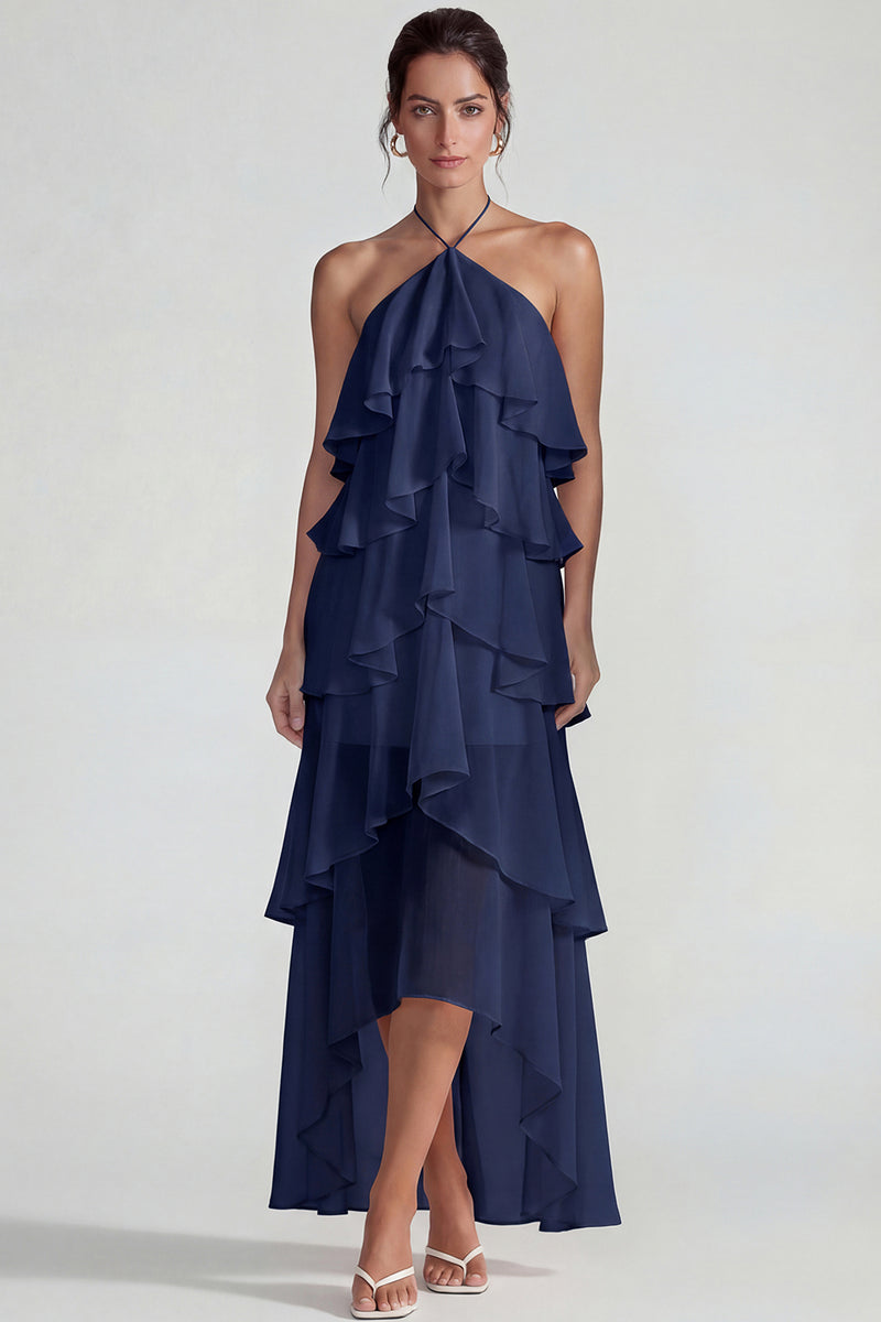 Laden Sie das Bild in den Galerie-Viewer, Blaues Rüschen Chiffon Neckholder Gestuftes A-Linie Midi Kleid