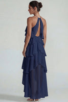 Laden Sie das Bild in den Galerie-Viewer, Blaues Rüschen Chiffon Neckholder Gestuftes A-Linie Midi Kleid