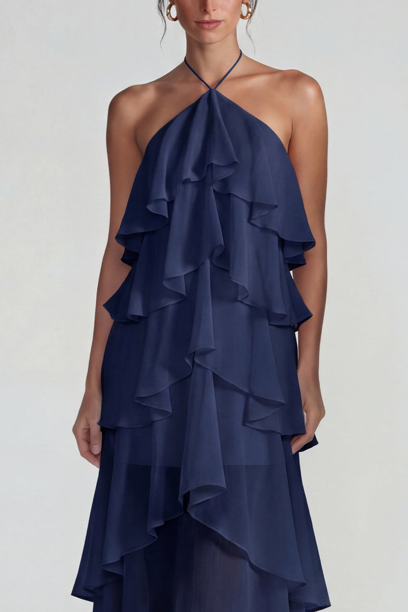 Laden Sie das Bild in den Galerie-Viewer, Blaues Rüschen Chiffon Neckholder Gestuftes A-Linie Midi Kleid