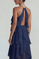 Laden Sie das Bild in den Galerie-Viewer, Blaues Rüschen Chiffon Neckholder Gestuftes A-Linie Midi Kleid