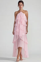 Laden Sie das Bild in den Galerie-Viewer, Blaues Rüschen Chiffon Neckholder Gestuftes A-Linie Midi Kleid