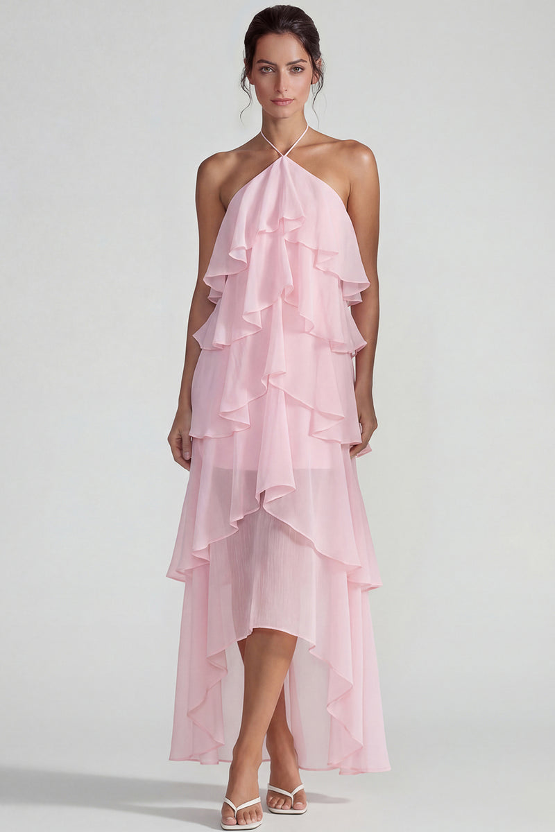 Laden Sie das Bild in den Galerie-Viewer, Blaues Rüschen Chiffon Neckholder Gestuftes A-Linie Midi Kleid