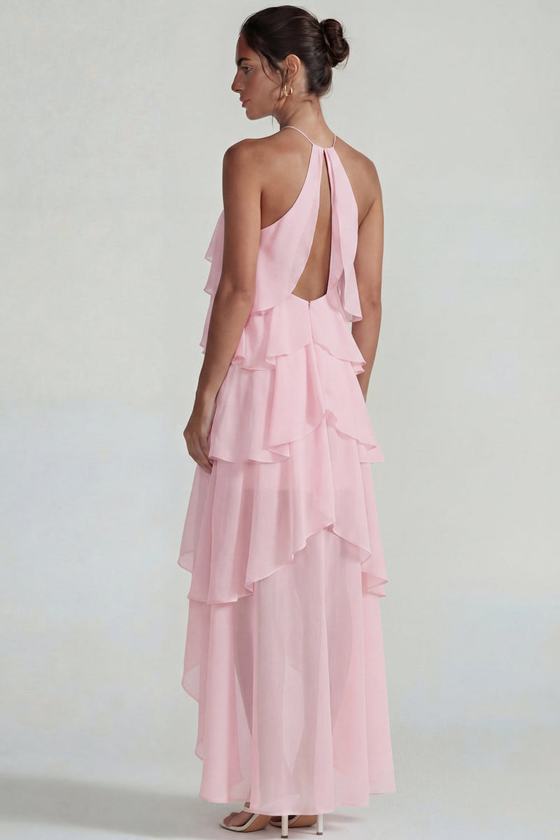 Laden Sie das Bild in den Galerie-Viewer, Blaues Rüschen Chiffon Neckholder Gestuftes A-Linie Midi Kleid