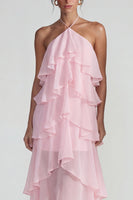 Laden Sie das Bild in den Galerie-Viewer, Blaues Rüschen Chiffon Neckholder Gestuftes A-Linie Midi Kleid
