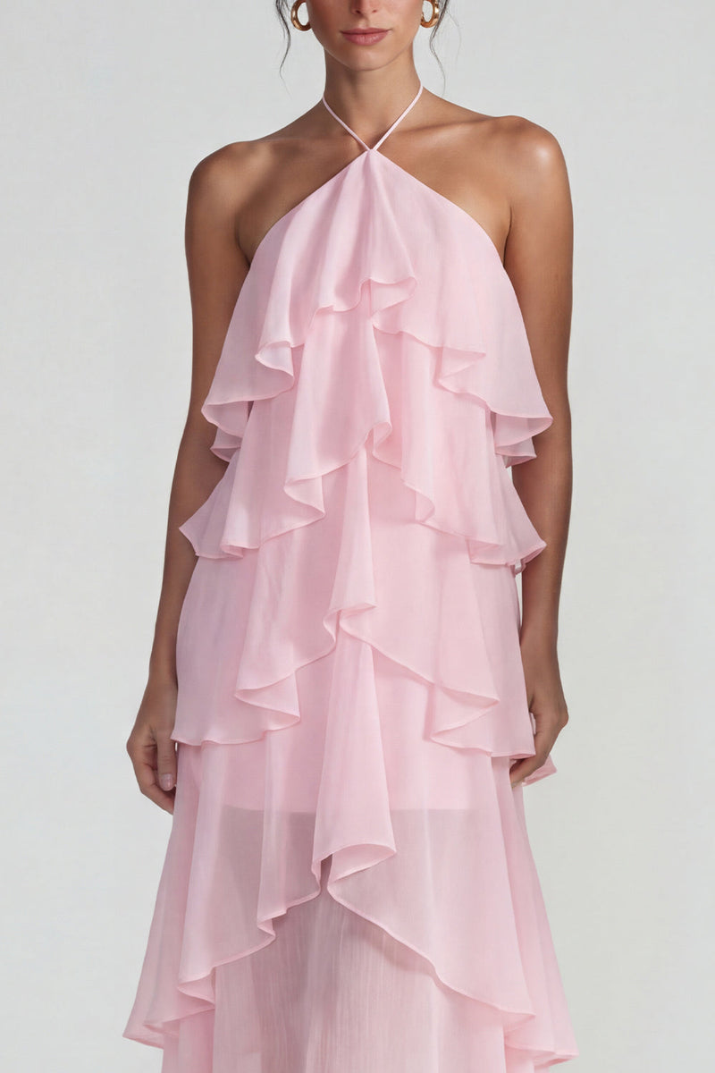 Laden Sie das Bild in den Galerie-Viewer, Blaues Rüschen Chiffon Neckholder Gestuftes A-Linie Midi Kleid