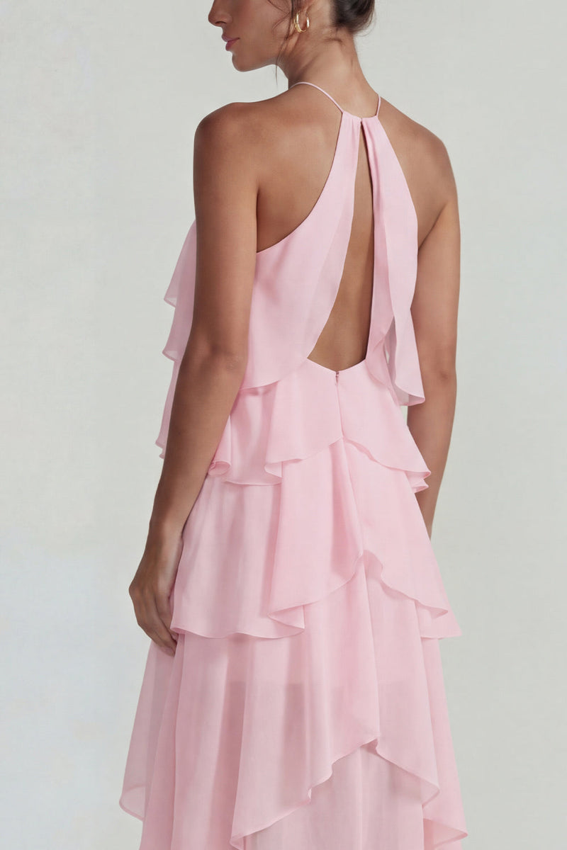 Laden Sie das Bild in den Galerie-Viewer, Blaues Rüschen Chiffon Neckholder Gestuftes A-Linie Midi Kleid