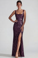 Laden Sie das Bild in den Galerie-Viewer, Glitzerndes Dunkelviolettes Quadratisches Pailletten Scheiden Langes Festkleid mit Schlitz