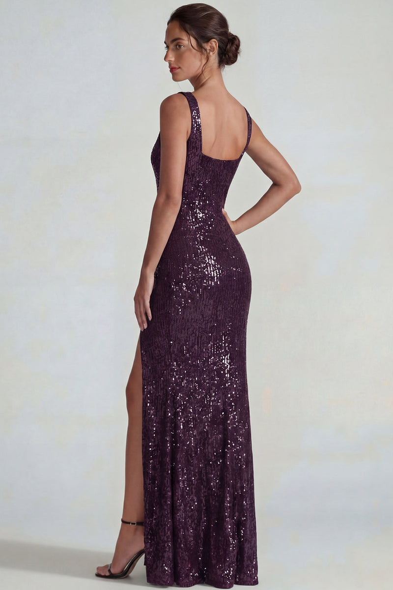 Laden Sie das Bild in den Galerie-Viewer, Glitzerndes Dunkelviolettes Quadratisches Pailletten Scheiden Langes Festkleid mit Schlitz