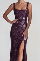 Laden Sie das Bild in den Galerie-Viewer, Glitzerndes Dunkelviolettes Quadratisches Pailletten Scheiden Langes Festkleid mit Schlitz