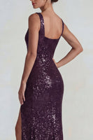 Laden Sie das Bild in den Galerie-Viewer, Glitzerndes Dunkelviolettes Quadratisches Pailletten Scheiden Langes Festkleid mit Schlitz