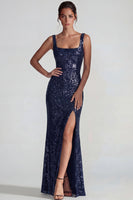 Laden Sie das Bild in den Galerie-Viewer, Glitzerndes Dunkelviolettes Quadratisches Pailletten Scheiden Langes Festkleid mit Schlitz