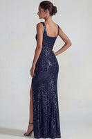 Laden Sie das Bild in den Galerie-Viewer, Glitzerndes Dunkelviolettes Quadratisches Pailletten Scheiden Langes Festkleid mit Schlitz