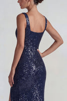 Laden Sie das Bild in den Galerie-Viewer, Glitzerndes Dunkelviolettes Quadratisches Pailletten Scheiden Langes Festkleid mit Schlitz