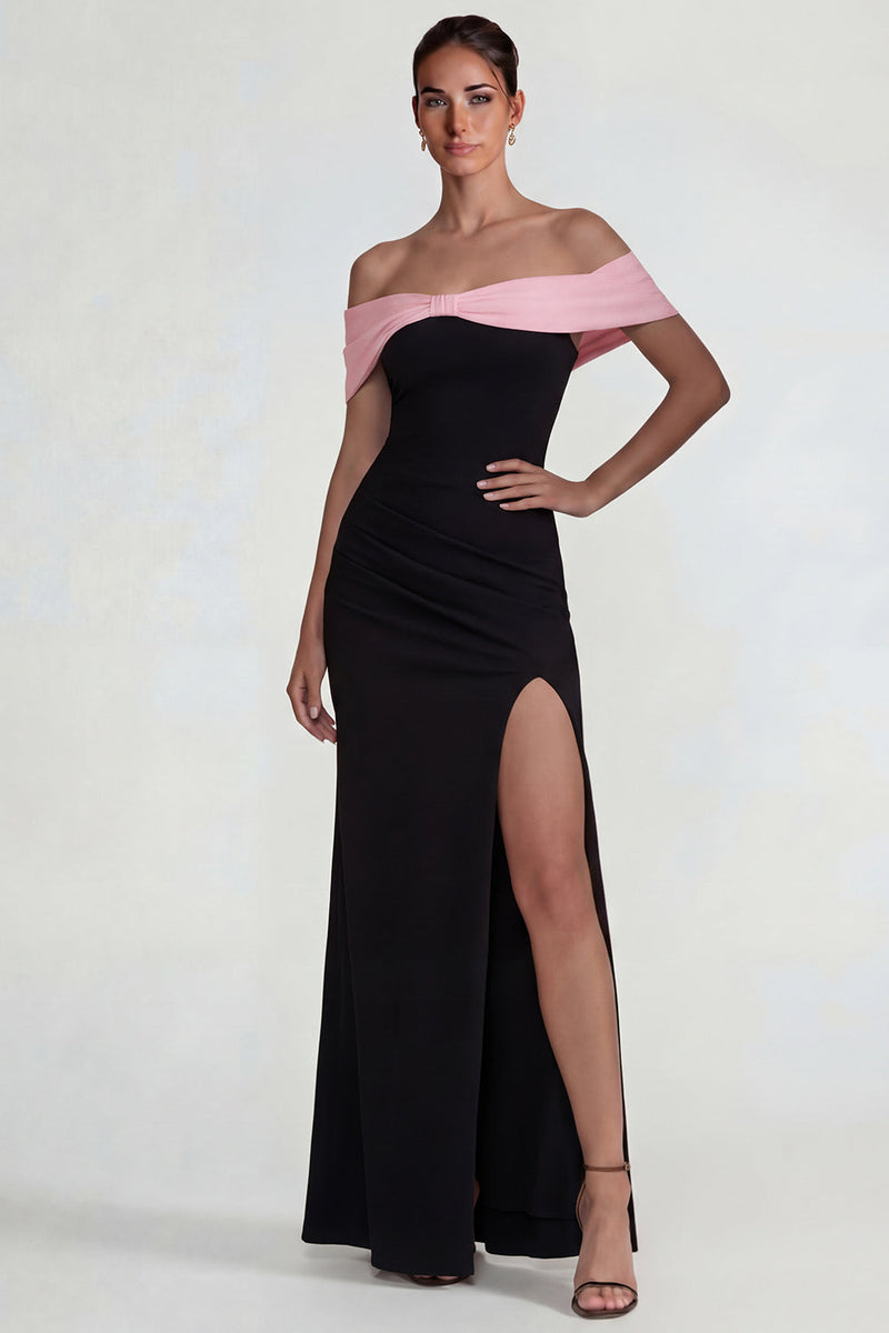 Laden Sie das Bild in den Galerie-Viewer, Schwarzes Rosa Schulterfreies Langes Festkleid mit Schlitz
