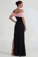Laden Sie das Bild in den Galerie-Viewer, Schwarzes Rosa Schulterfreies Langes Festkleid mit Schlitz