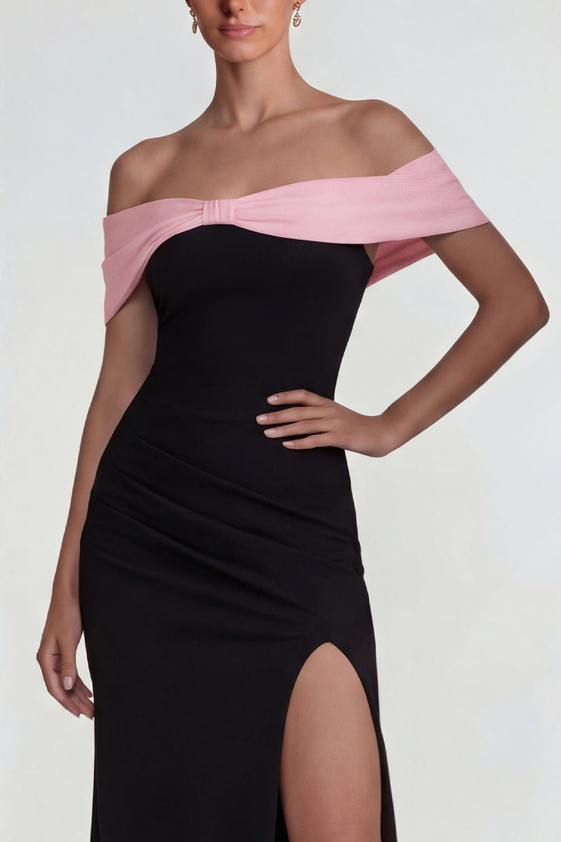 Laden Sie das Bild in den Galerie-Viewer, Schwarzes Rosa Schulterfreies Langes Festkleid mit Schlitz