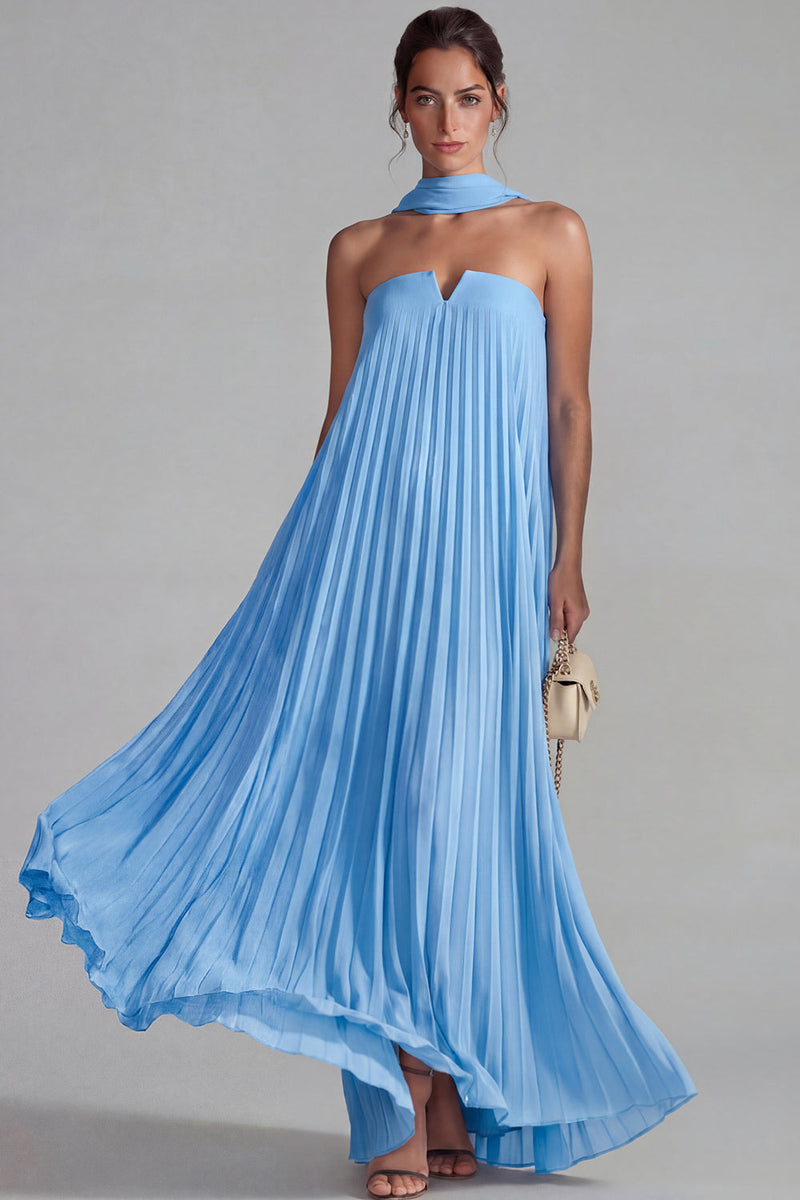 Laden Sie das Bild in den Galerie-Viewer, Blaues Trägerloses Chiffon Falten A-Linie Langes Festkleid mit Band