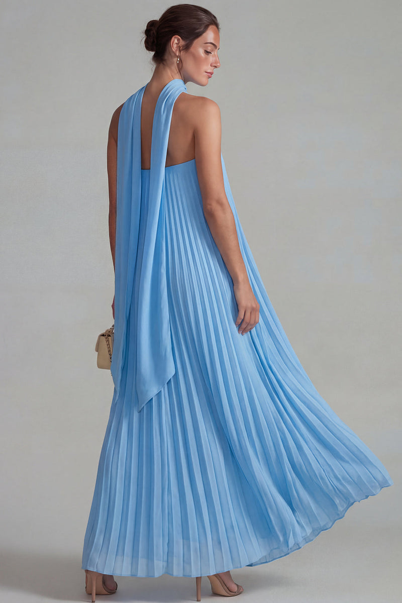 Laden Sie das Bild in den Galerie-Viewer, Blaues Trägerloses Chiffon Falten A-Linie Langes Festkleid mit Band