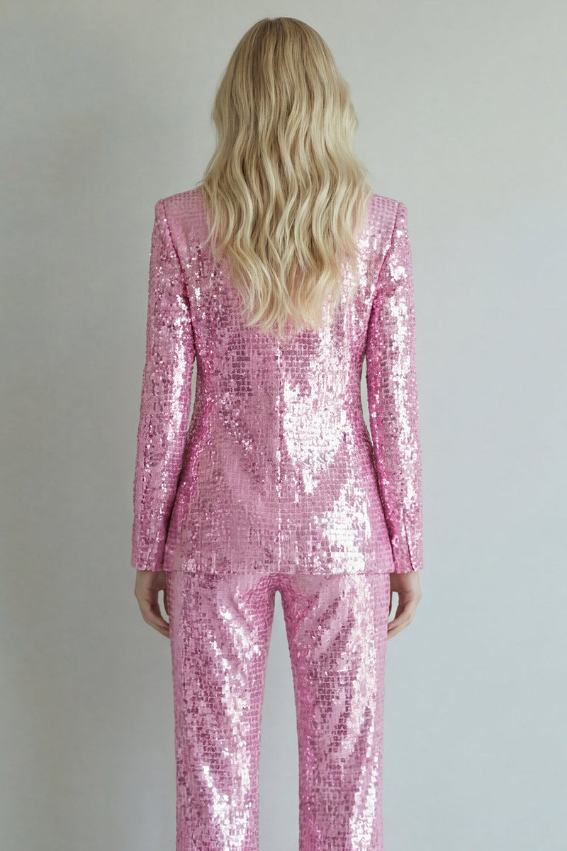 Laden Sie das Bild in den Galerie-Viewer, Glitzernde Rosa Zweiteilige Revers Einzelbrust Damen Abschlussballanzüge mit Knoten
