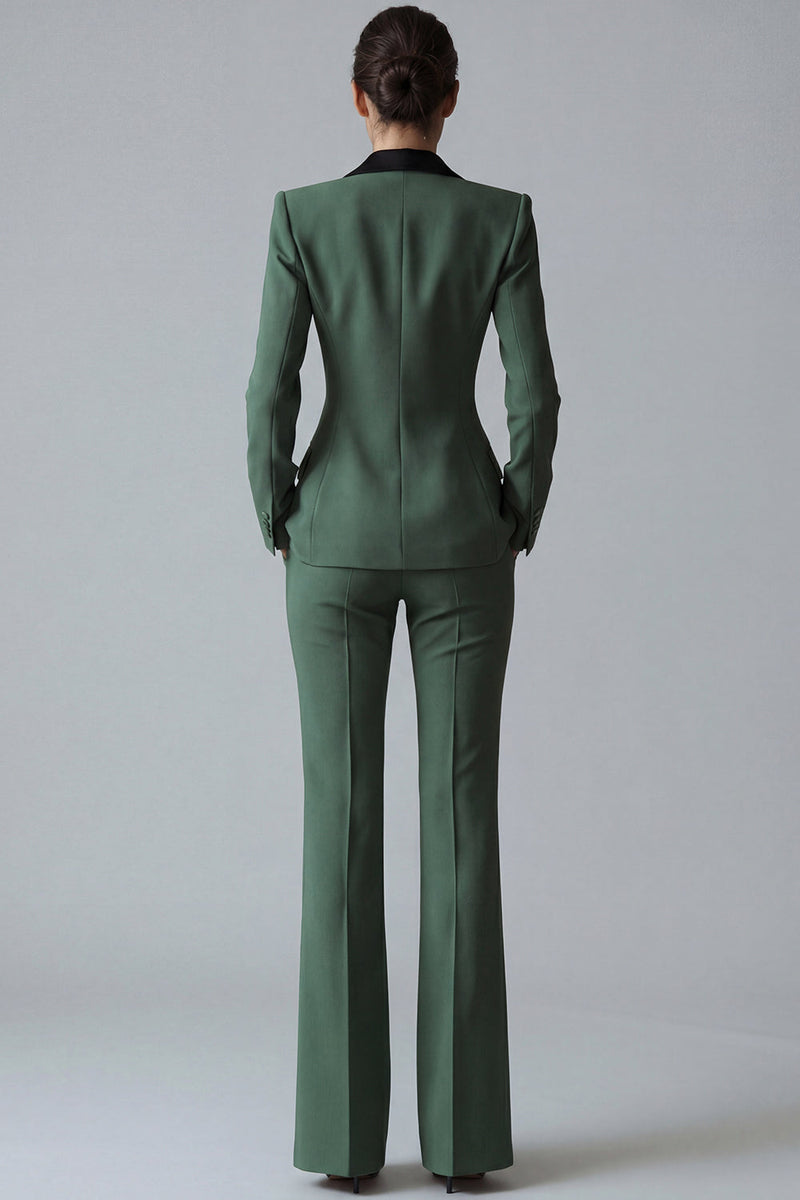 Laden Sie das Bild in den Galerie-Viewer, Damen Dunkelgrüne Einknopf Peak Revers Zweiteilige Arbeitsanzüge