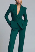 Laden Sie das Bild in den Galerie-Viewer, Damen Dunkelgrüne Zweiteilige Arbeitsanzüge mit Spitzrevers und Gürtel