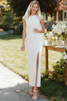 Laden Sie das Bild in den Galerie-Viewer, Weißes Sheath Spitze Cap Ärmel Langes Hochzeitskleid mit Schlitz