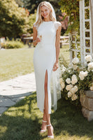 Laden Sie das Bild in den Galerie-Viewer, Weißes Sheath Spitze Cap Ärmel Langes Hochzeitskleid mit Schlitz