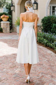 Weißes A-Linie Spitze Halter Midi Standesamt Kleid