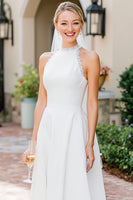 Laden Sie das Bild in den Galerie-Viewer, Weißes A-Linie Spitze Halter Midi Standesamt Kleid