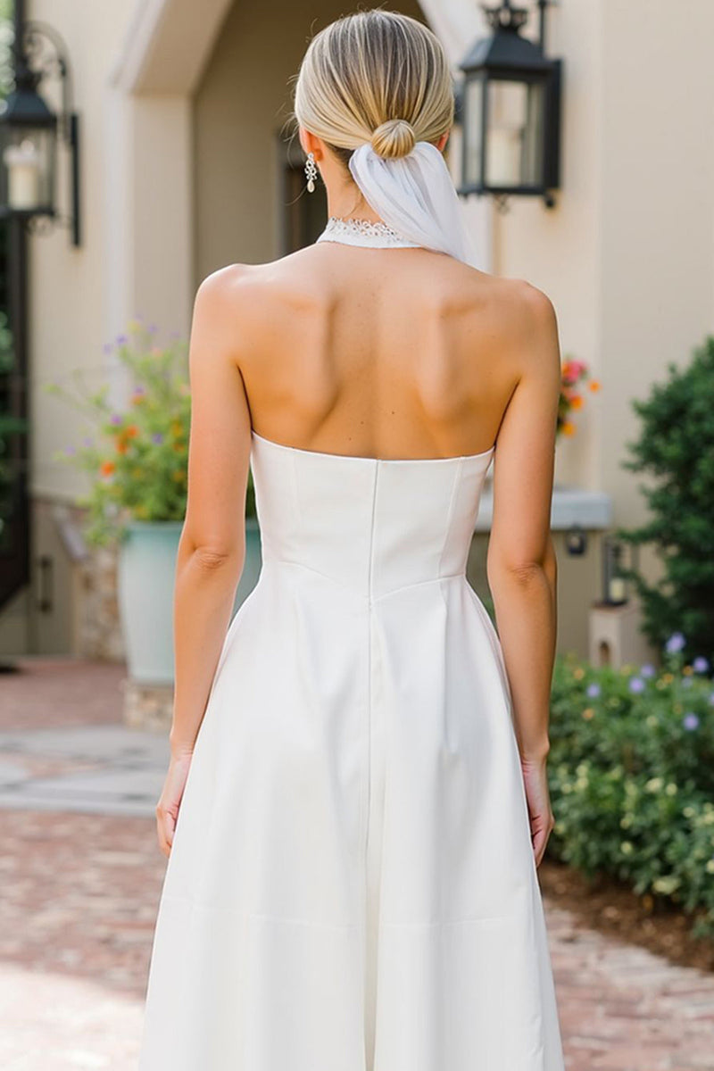 Laden Sie das Bild in den Galerie-Viewer, Weißes A-Linie Spitze Halter Midi Standesamt Kleid