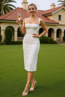 Laden Sie das Bild in den Galerie-Viewer, Weißes Midi Standesamt Kleid mit quadratischen Hals und Knöpfen