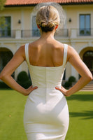 Laden Sie das Bild in den Galerie-Viewer, Weißes Midi Standesamt Kleid mit quadratischen Hals und Knöpfen