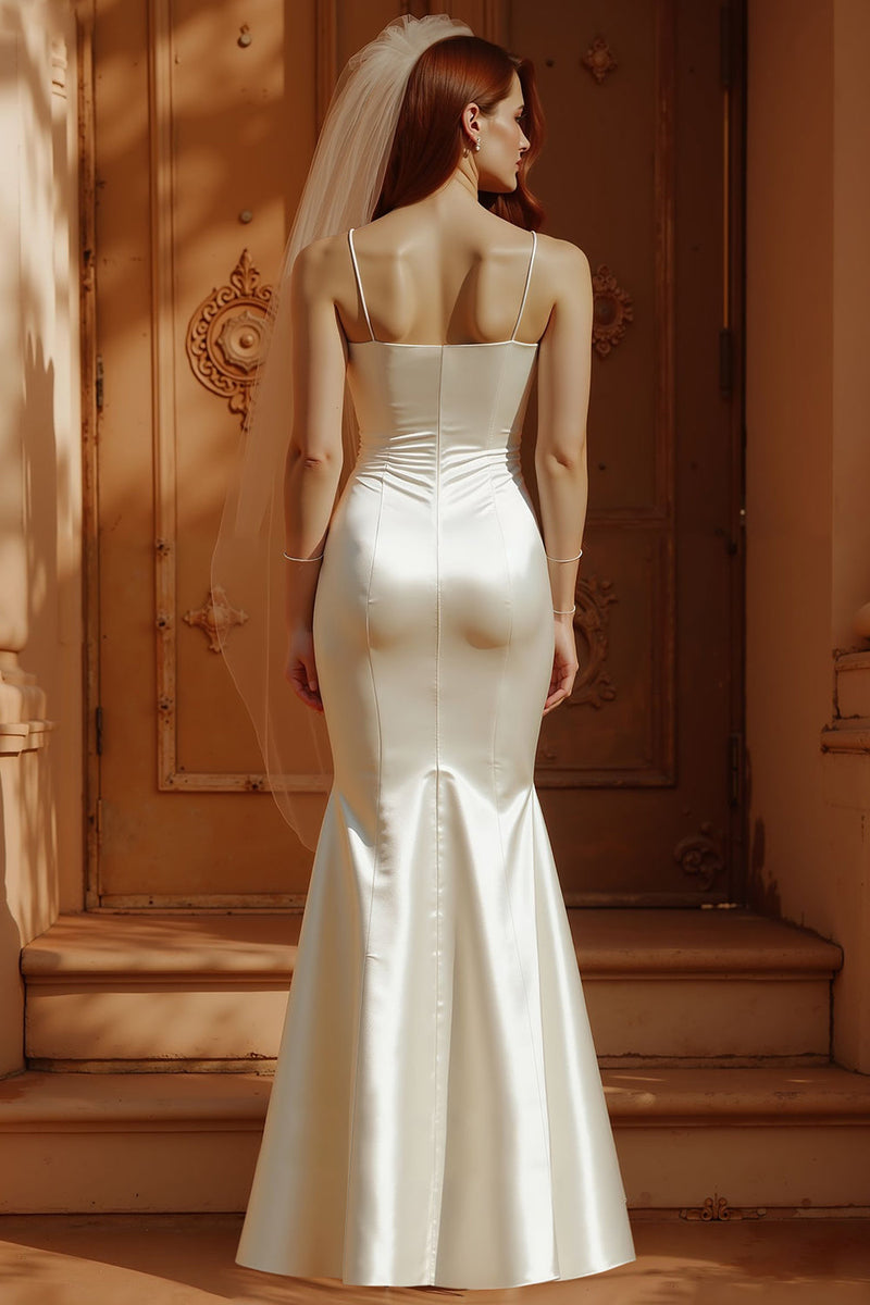 Laden Sie das Bild in den Galerie-Viewer, Weißes Spaghettiträger Satin Meerjungfrauen Langes Standesamt Kleid