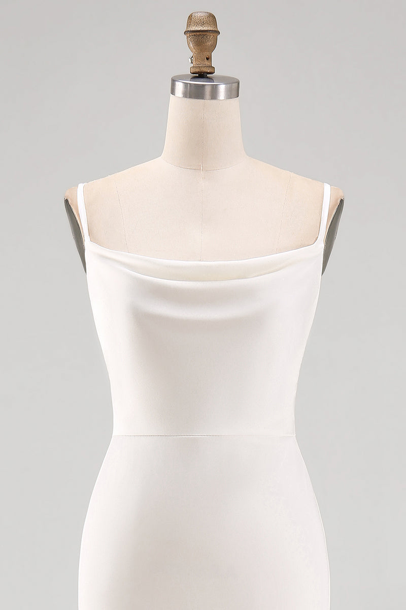 Laden Sie das Bild in den Galerie-Viewer, Weißes Spaghettiträger Satin Meerjungfrauen Langes Standesamt Kleid