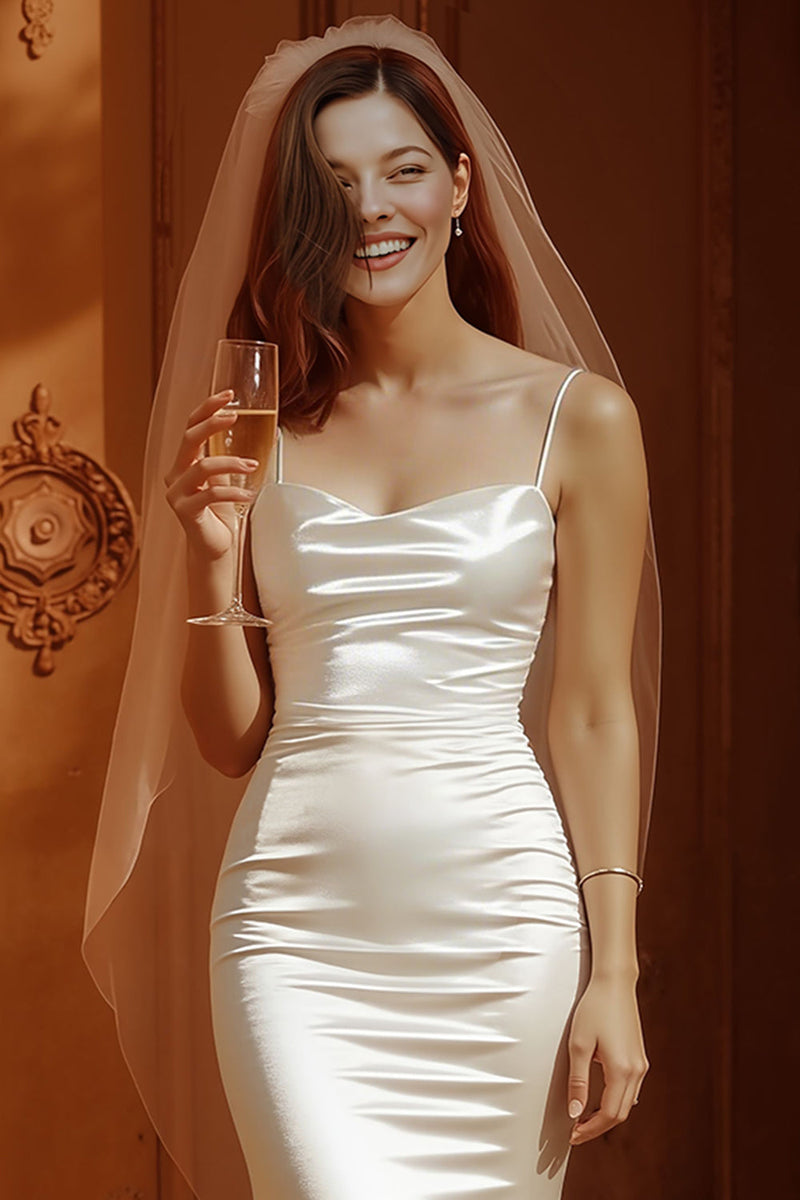 Laden Sie das Bild in den Galerie-Viewer, Weißes Spaghettiträger Satin Meerjungfrauen Langes Standesamt Kleid