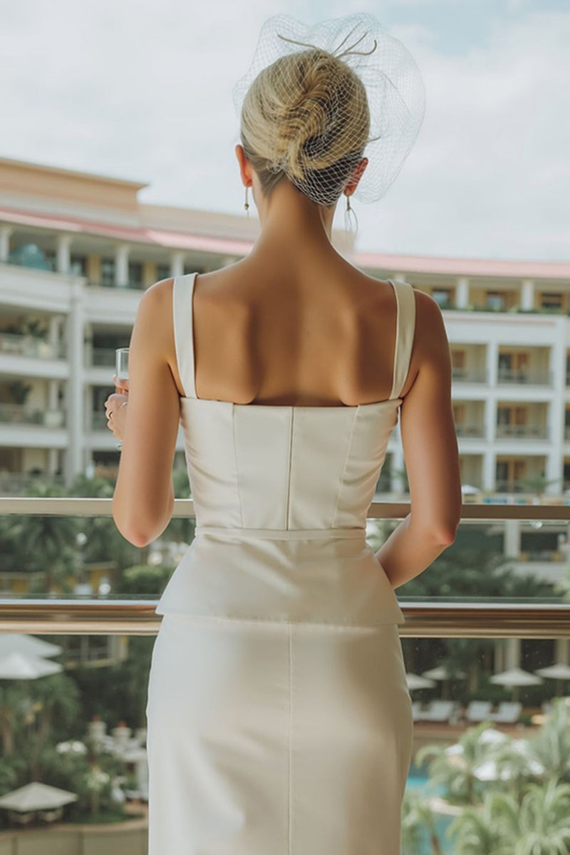 Laden Sie das Bild in den Galerie-Viewer, Weißes Satin Scheide Quadrathals Langes Standesamt Kleid