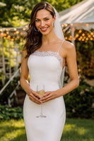 Laden Sie das Bild in den Galerie-Viewer, Weißes Spitze Spaghettiträger Bodycon Midi Standesamt Kleid