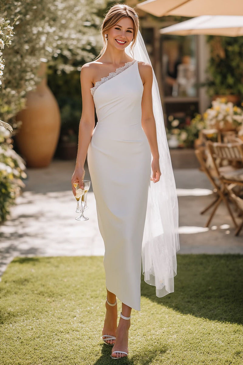 Laden Sie das Bild in den Galerie-Viewer, Weißes Midi Spitze Hochzeitskleid mit einer Schulter