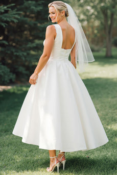 Weißes Bootsausschnitt A-Linie Midi Satin Hochzeitskleid