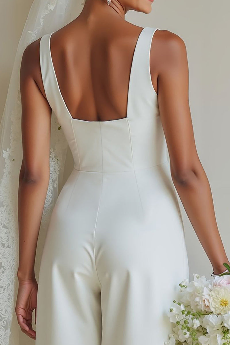 Laden Sie das Bild in den Galerie-Viewer, Weiße Bootsausschnitt Satin A-Linie Lange Hochzeitsanzüge