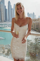 Laden Sie das Bild in den Galerie-Viewer, Elfenbein Spaghetti-Träger Pailletten Bodycon Standesamt Kleid