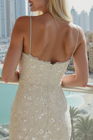 Laden Sie das Bild in den Galerie-Viewer, Elfenbein Spaghetti-Träger Pailletten Bodycon Standesamt Kleid