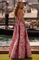 Laden Sie das Bild in den Galerie-Viewer, Trägerloses Fuchsia A-Linie Korsett Geblümtes Satin Langes Abendkleid