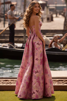 Trägerloses Fuchsia A-Linie Korsett Geblümtes Satin Langes Abendkleid