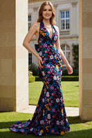 Laden Sie das Bild in den Galerie-Viewer, Neckholder Schwarze Blume Meerjungfrau Langes Ballkleid mit Schleife