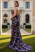 Laden Sie das Bild in den Galerie-Viewer, Neckholder Schwarze Blume Meerjungfrau Langes Ballkleid mit Schleife